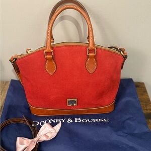 Dooney & Bourke Red suede & Brown leather Satchel w/shoulder strap and dust bag